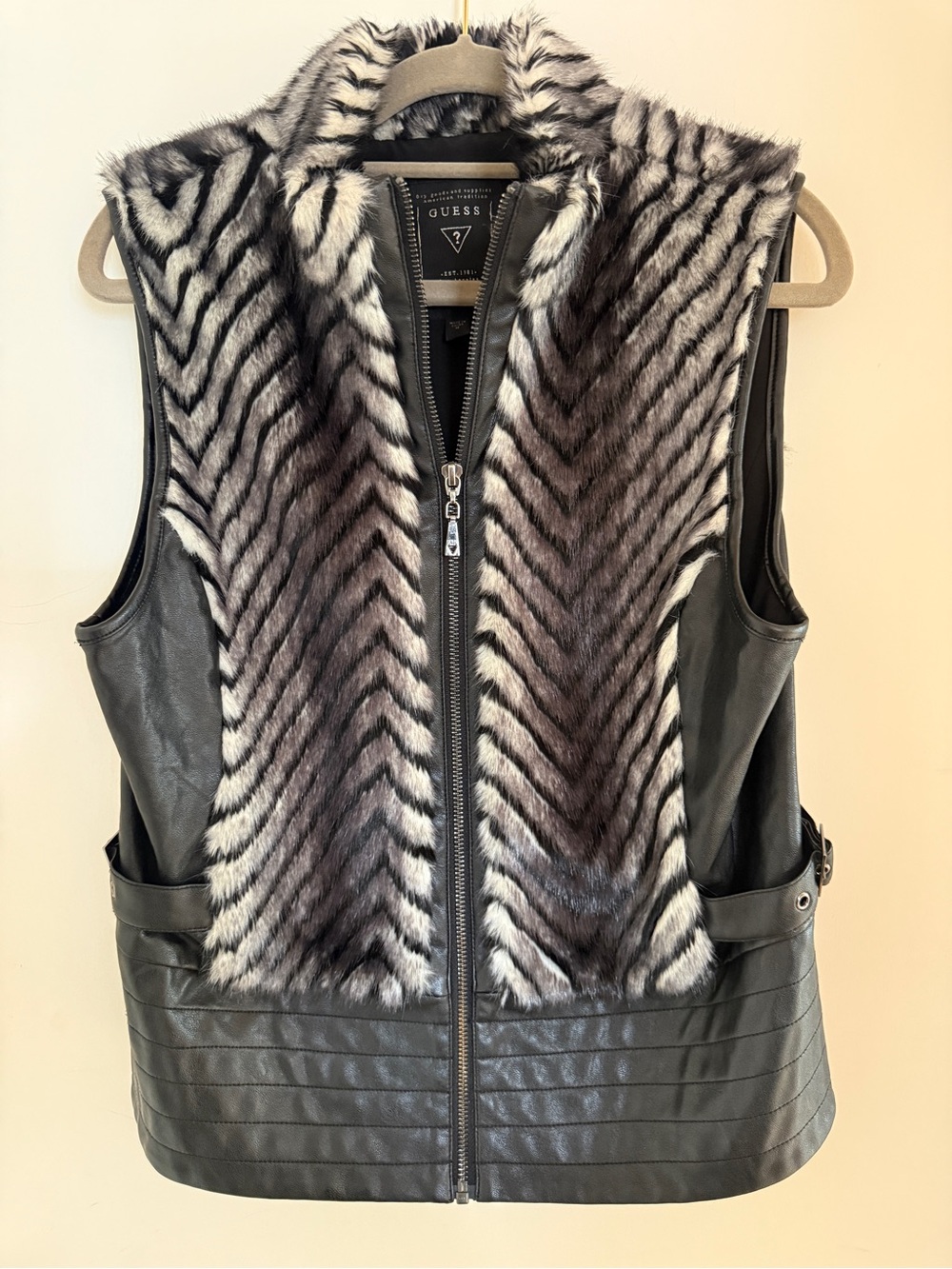 Guess Faux Fur Zebra Moto Vest Size M Black Grey Vegan Leather Y2K